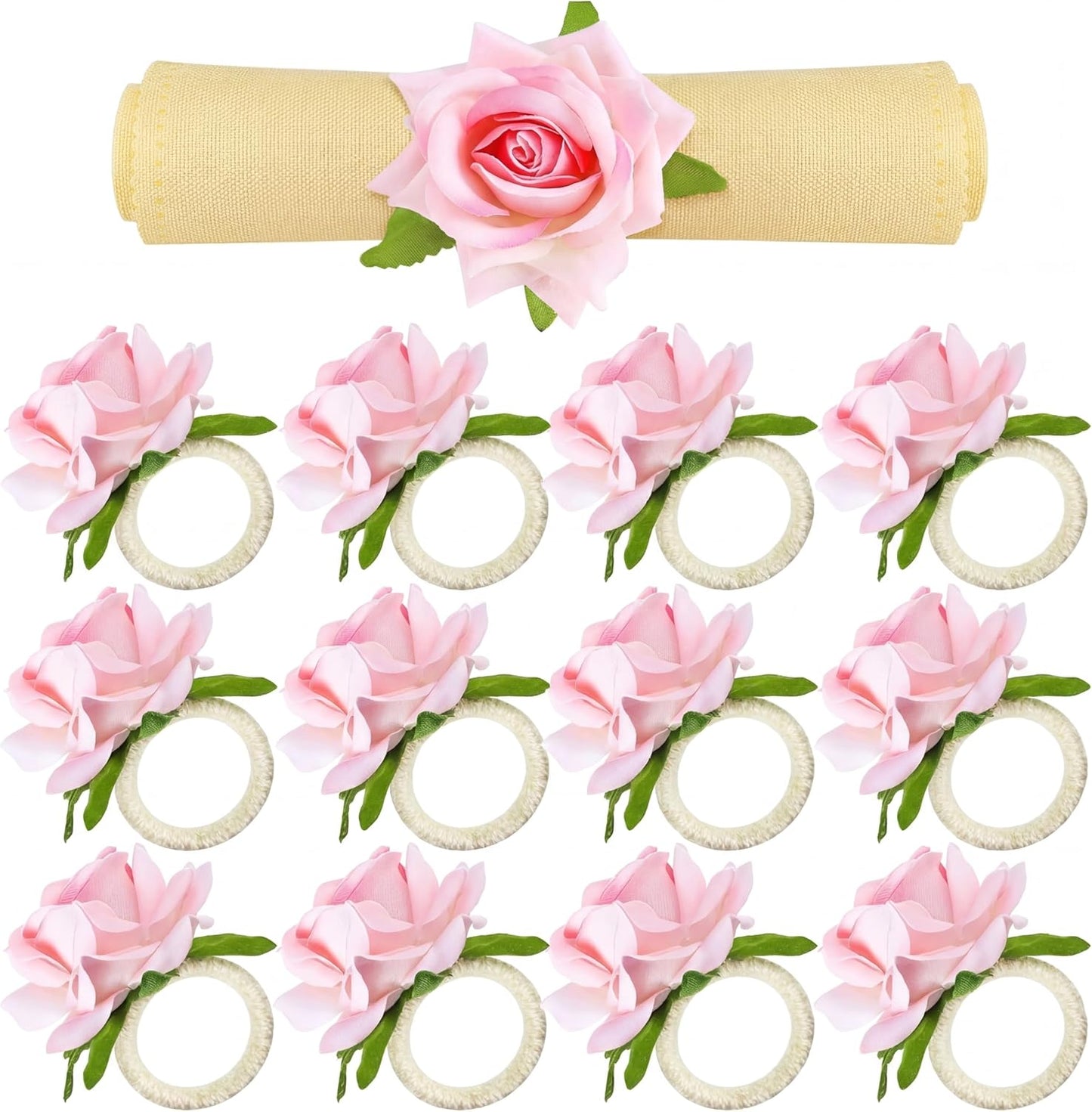 Chengu 12 Pcs Pink Floral Napkin Rings Summer Handcraft Flower Napkin Rings Rose Peony Holder Table Decoration for Wedding Banquet Birthday Party Bridal Shower