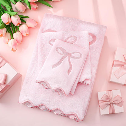 Fanfanwin 3 Pcs Pink Bow Bathroom Towel Set, Scalloped Coquette Fingertip Towels with Embroidery, 100% Cotton Absorbent Hand Towels for Bathroom, Kitchen, Wedding Gifts, Preppy Bath Decor