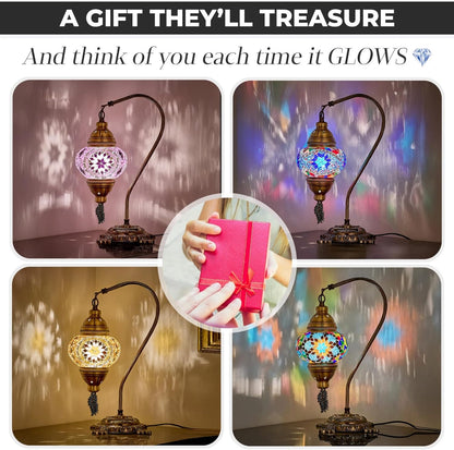 DEMMEX Turkish Moroccan Mosaic Table Lamp – Handcrafted Tiffany-Style Colorful Glass Swan Neck Bedside, Desk, Table Light, Boho Artisan Accent Lighting for Bedroom or Living Room – 15" H, Pink