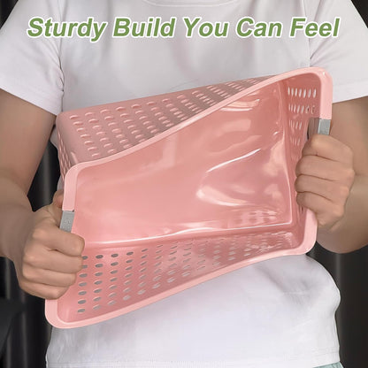 Soddeph 4 Pack Plastic Storage Basket with Handles, Small Deep Organizer Bin with Hollow Design for Under Counter, Shelf, Closet, Kitchen or Bathroom (Pink, Small)