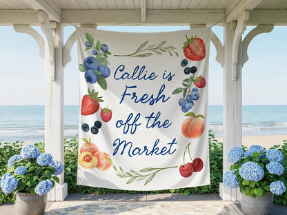 Fresh Off the Market Bridal Shower Banner, Berry Sweet Fruit Theme Backdrop, Personalized Bride to Be Party Decor, Summer Garden Wedding Shower Sign, Peach Cherry Floral Banner, Photo Booth Background