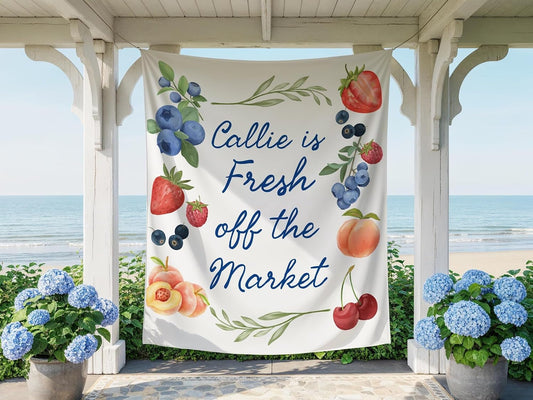 Fresh Off the Market Bridal Shower Banner, Berry Sweet Fruit Theme Backdrop, Personalized Bride to Be Party Decor, Summer Garden Wedding Shower Sign, Peach Cherry Floral Banner, Photo Booth Background