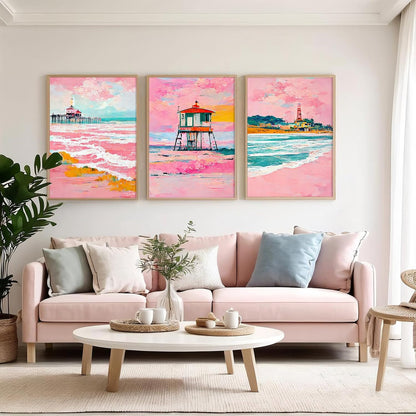 Beach Boho Wall Art Prints Set of 3 Preppy Coastal Wall Decor Pictures Pink Beach Canvas Wall Decor Art Pastel Surf Art Lighthouse Poster Coastal Artwork for Living Room Bedroom 16x24 Inch Unframed