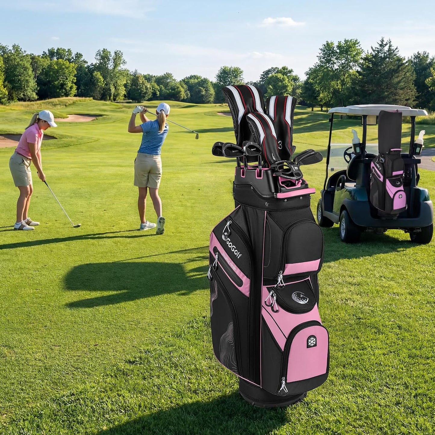 Tangkula Golf Cart Bag with 14-Way Full Length Dividers, 6 Molded Lock Top Golf Club Bag with 11 Pockets, Cooler Bag, Padded Strap, Handles, Umbrella Holder & Rain Hood