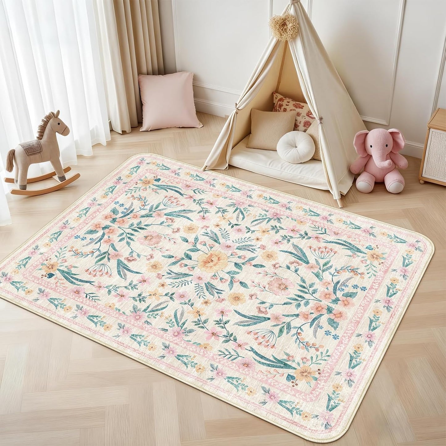 Pink Boho Rug 5x8 with Rounded Corners – Washable Floral Pastel Non-Slip Area Rug for Nursery, Girls Bedroom, Kids Room, Living Room, Playroom, Dorm Decor