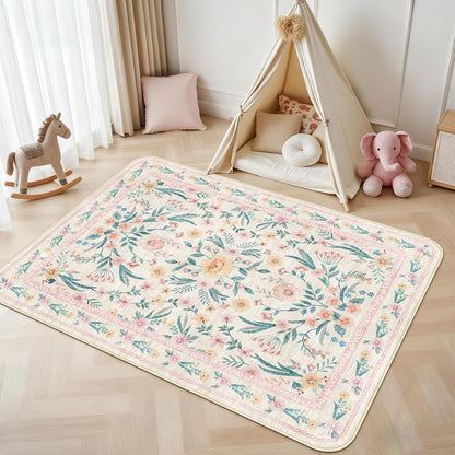 Pink Boho Rug 5x8 with Rounded Corners – Washable Floral Pastel Non-Slip Area Rug for Nursery, Girls Bedroom, Kids Room, Living Room, Playroom, Dorm Decor