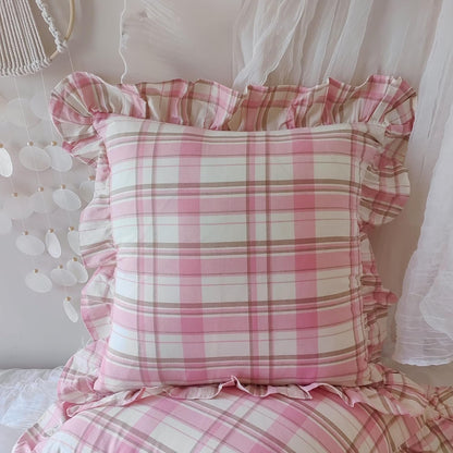 Pink Plaid Throw Pillow Covers, 100% Cotton Ruffle Edge Cushion Covers, Farmhouse Shabby Decorative Chic Pillowcases for Living Room Sofa Bedroom Girls Room, 18x18 Inch Set of 2