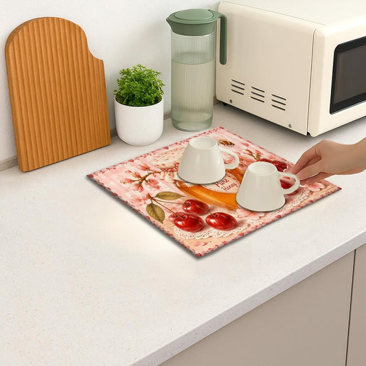 Cherries Blossom Dish Drying Mats for Kitchen Counter, Peach Floral Absorbent Dish Drainer Rack Mat, Spring Vintage Microfiber Drying Pad for Kitchen Counter Home Decor 16x18 Inch