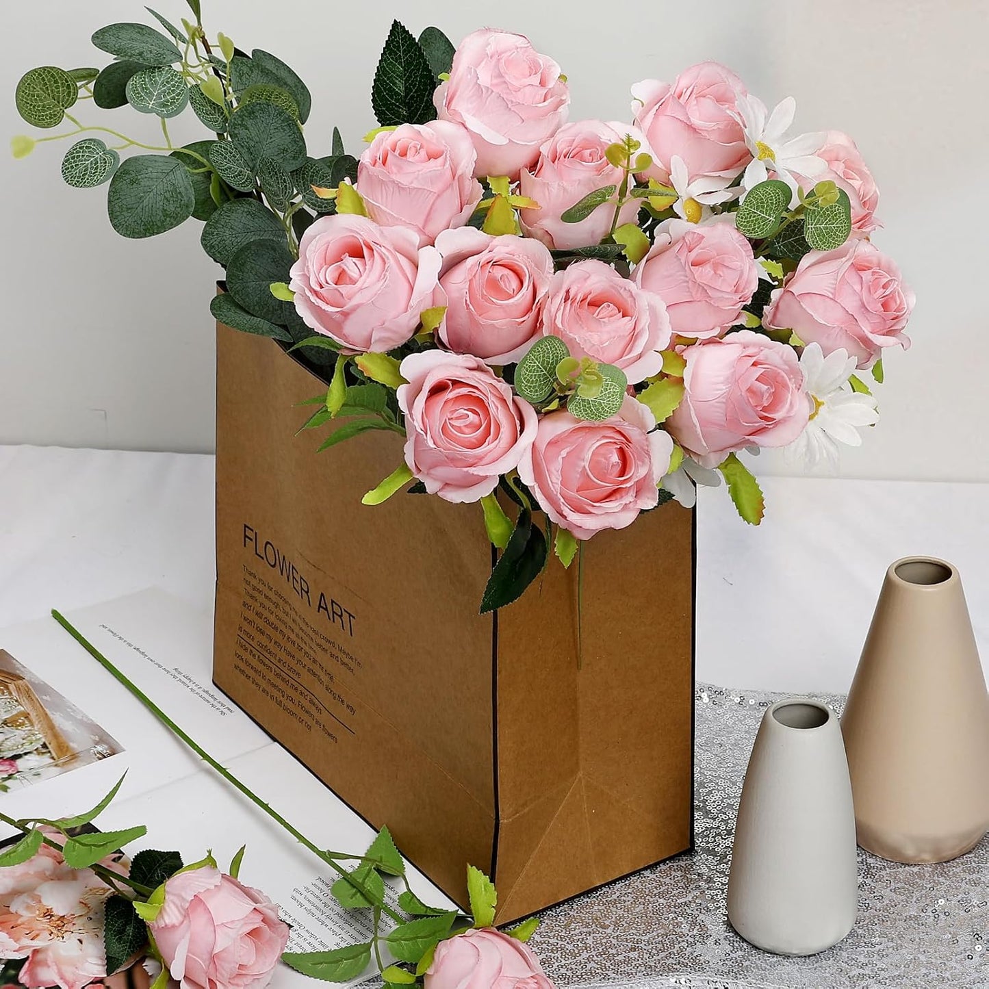 30 PCS Artificial Roses with Long Stems - Light Pink Real Touch Roses Silk Fake Flowers Bulk Realistic for DIY Floral Arrangement Wedding Bridal Bouquet Table Centerpieces Decor