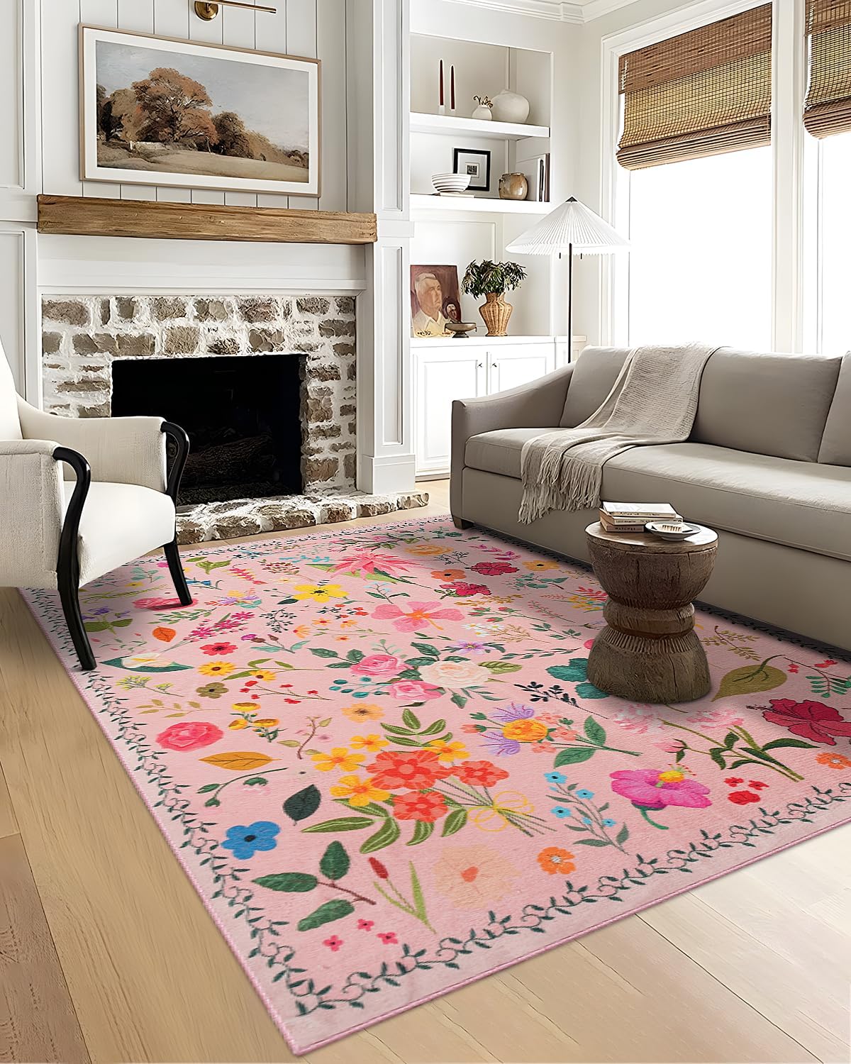 CRYPTOLITE Boho Washable Area Rug 5x7 – Floral Low Pile Non-Slip Carpet for Living Room, Bedroom, Office, Playroom, Entryway, Kitchen, Dining Room (Pink)
