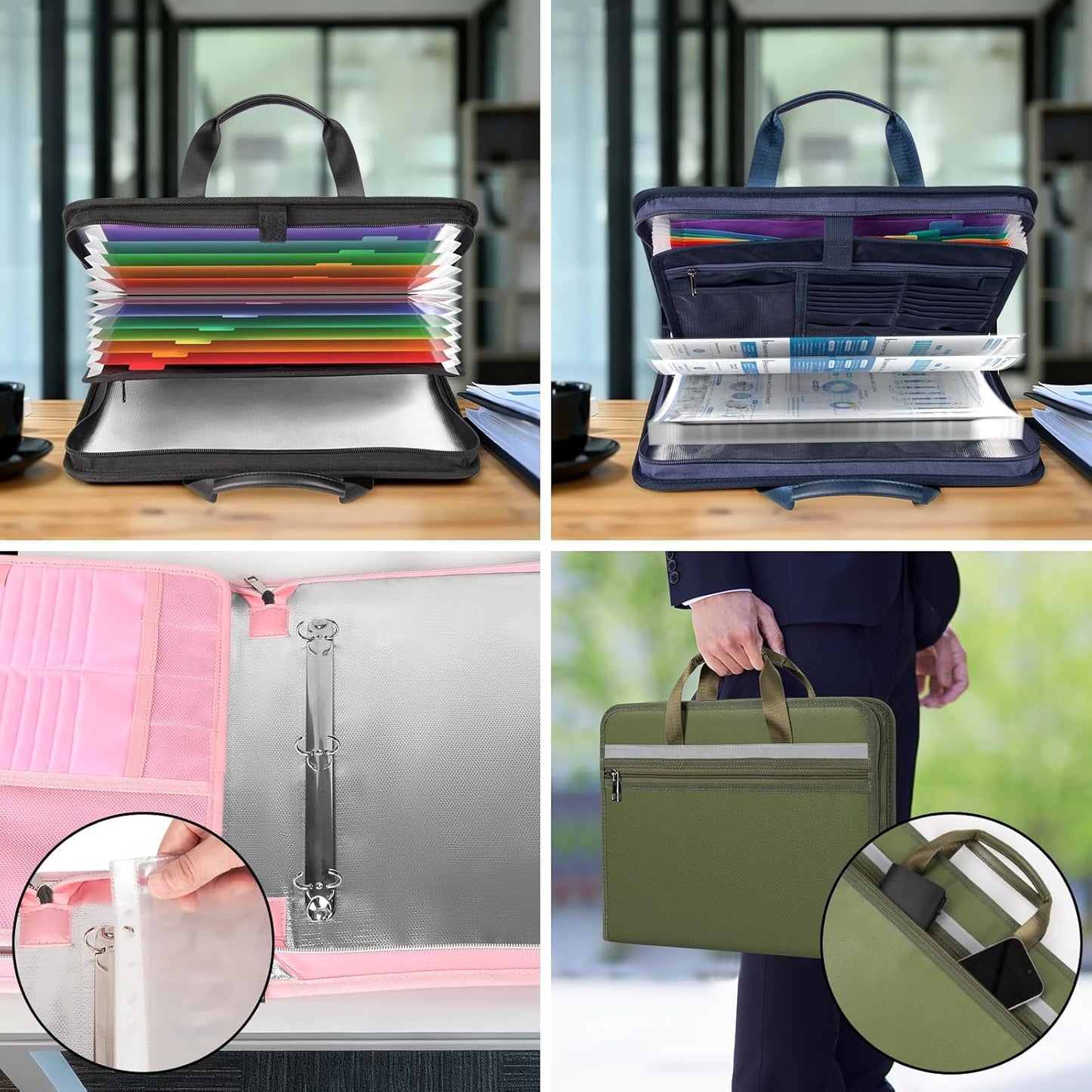 5200℉ Fireproof Document Organizer with 13 Accordion Expanding File Folder, Aluminum Foil Zipper Binder with 30 A4/Letter Sheet Protector, Binder for School Office Home Storage (Pink)