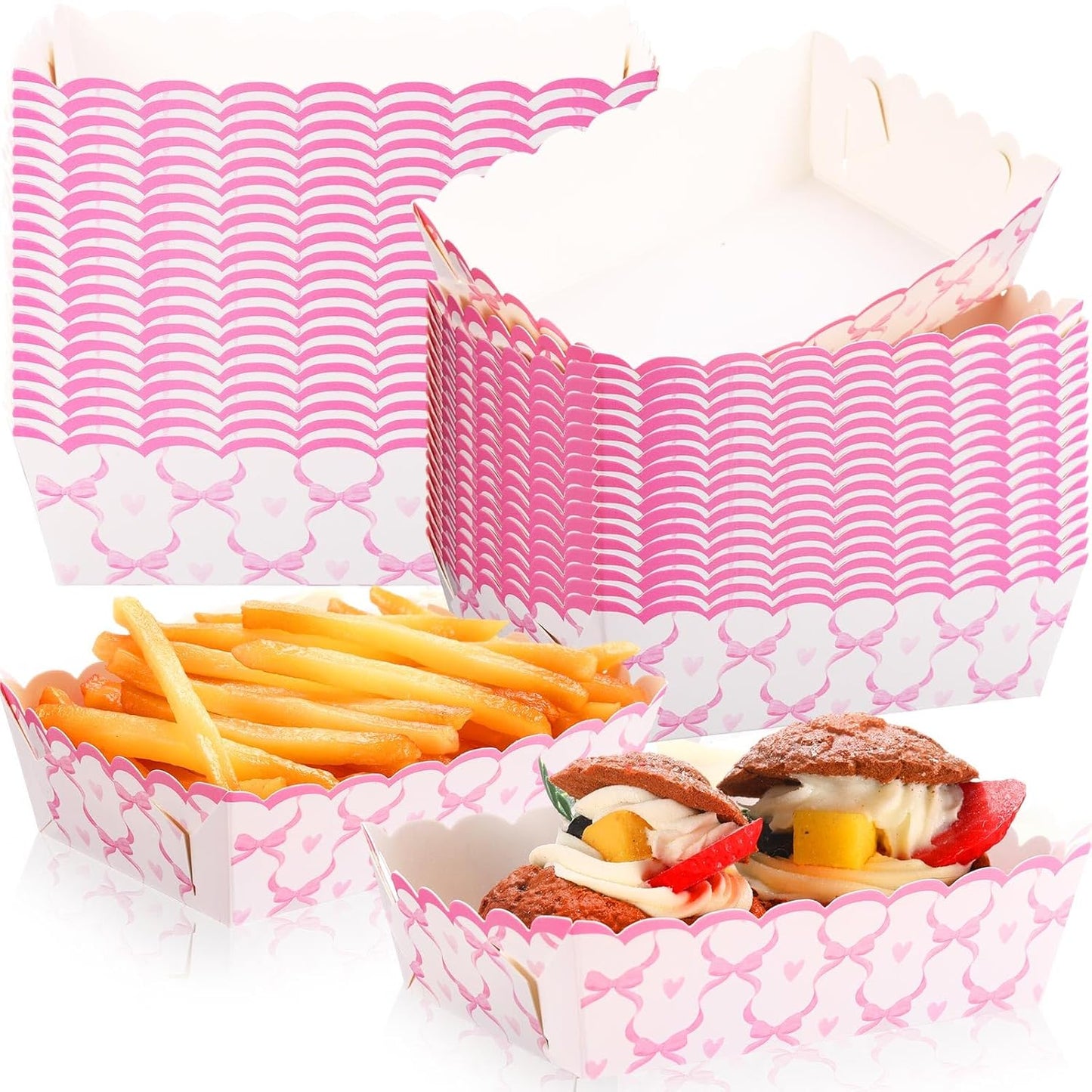 Domensi 60 Pcs Pink Bow Paper Food Trays Birthday Decorations Kraft Bow Plates Snack Nacho Hot Dog Popcorn Serving Trays Coquette Party Supplies for Wedding Bridal Baby Shower Party Decoration