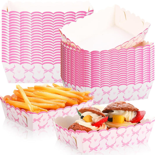 Domensi 60 Pcs Pink Bow Paper Food Trays Birthday Decorations Kraft Bow Plates Snack Nacho Hot Dog Popcorn Serving Trays Coquette Party Supplies for Wedding Bridal Baby Shower Party Decoration