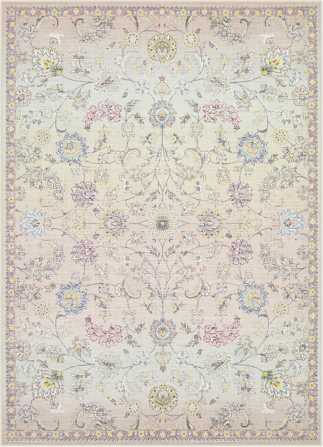 Joydeco Light Pink 5x7 Area Rugs for Bedroom Girls Nursery, Machine Washable Boho Rugs for Living Room Non Slip, Floral Soft Indoor Floor Carpet for Playroom Kids Room Dorm Classroom