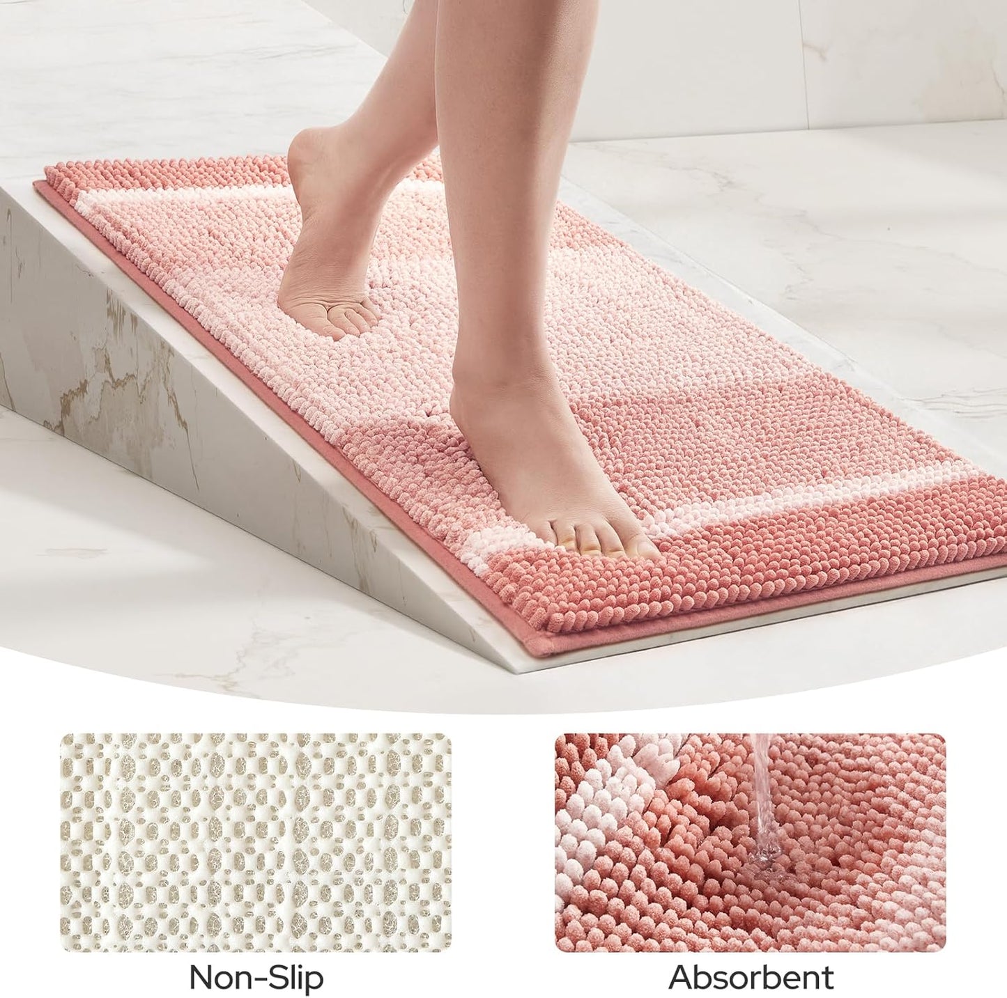 HOMEIDEAS Pink Bathroom Rugs Set of 2, Thick Absorbent Chenille Bath Mats, Non-Slip Soft Shaggy Rugs for Bathroom Floor, 20" x 32" & 17" x 24"