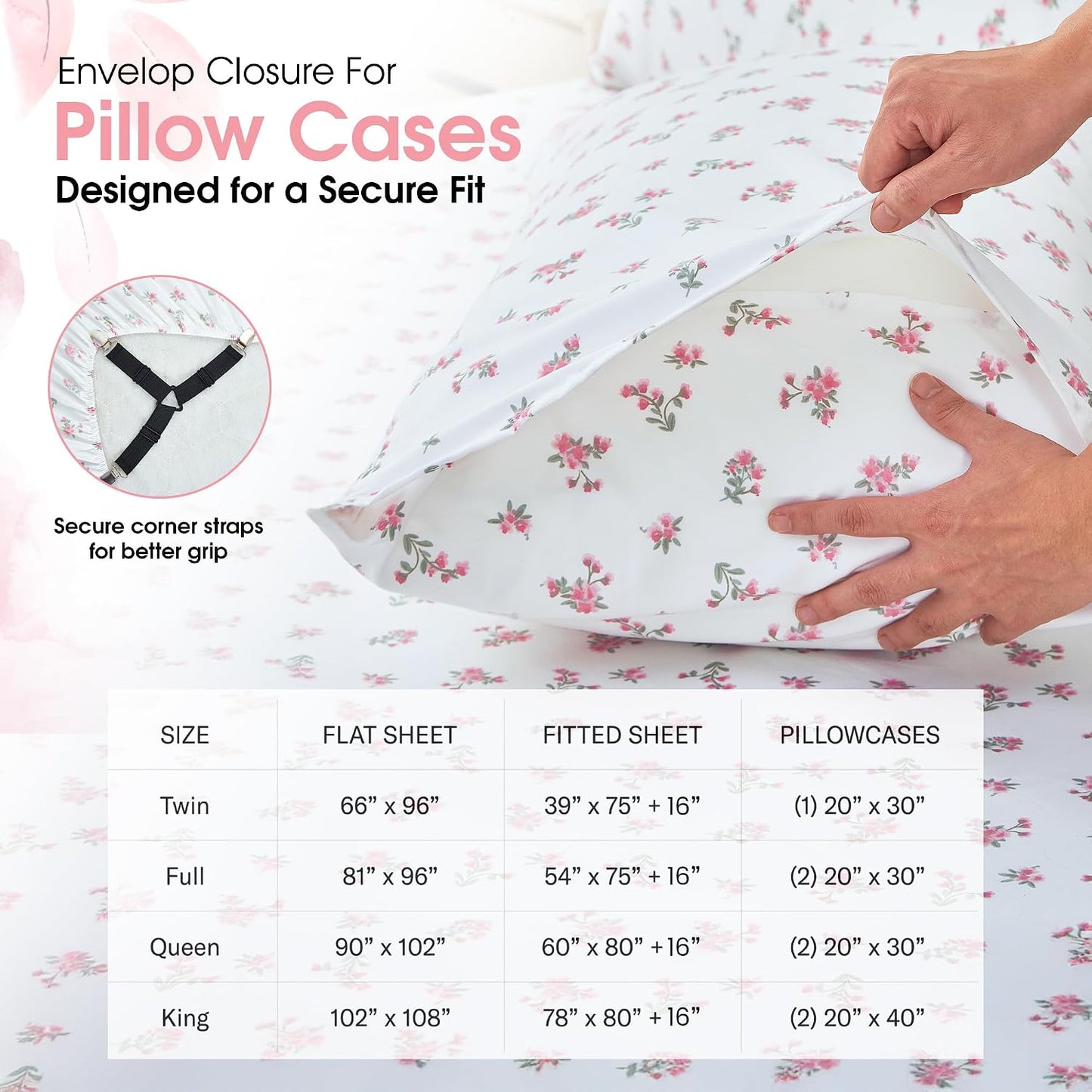 Queen Size Pink Floral Bed Sheet Set, 8-Piece 100% Microfiber Sheets, Ultra Soft Deep Pocket up to 16 Inch with 4 Corner Straps, Oeko-TEX Certified Wrinkle-Free Bedding (Pink, Queen)