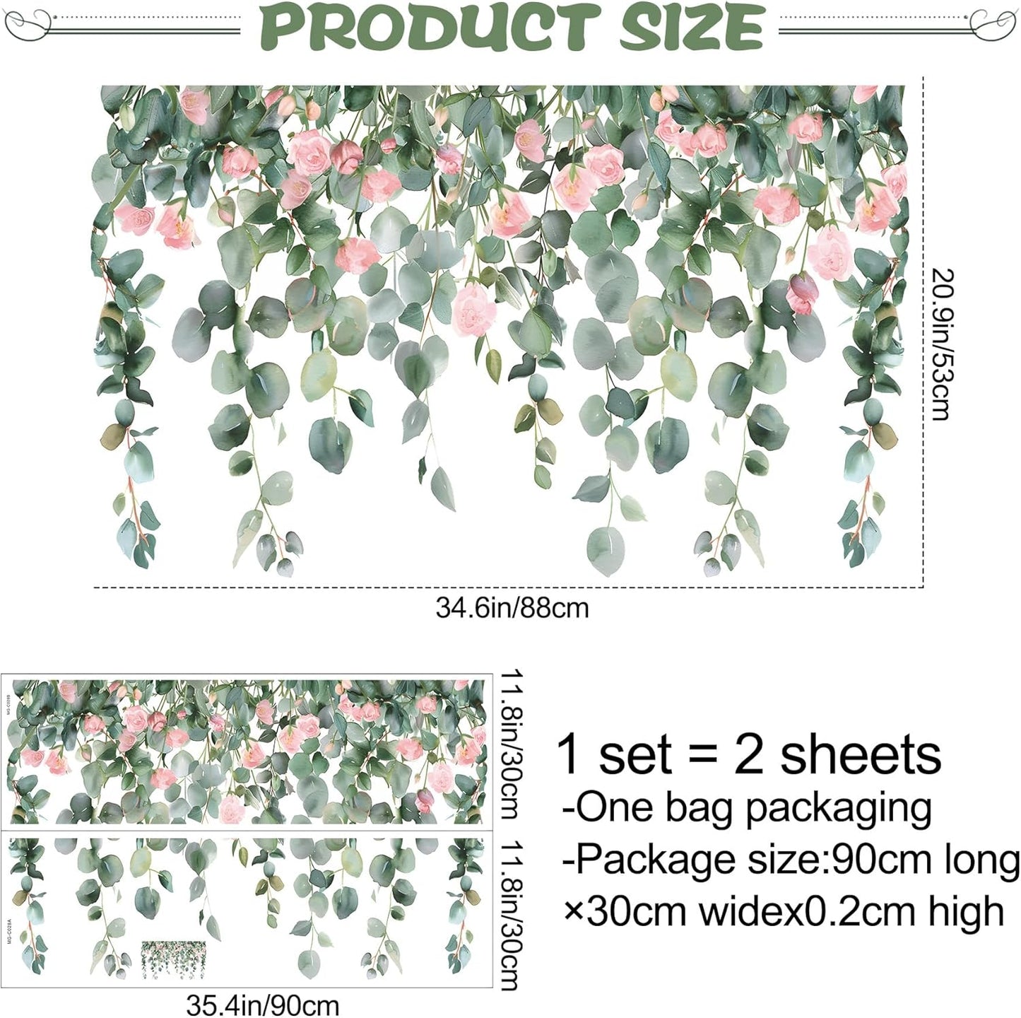 Removable Hanging Vine Floral Wall Stickers DIY Pink Flower Leaf Wall Decals Peel and Stick Green Plants Wall Murals for Baby Girls Nursery Bedroom Living Room Sofa TV Background