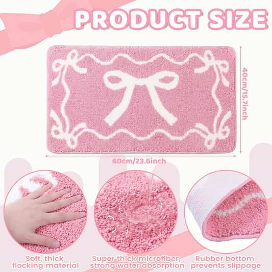 Dunzy Bow Bath Mat Bow Bedroom Rug Cute Large Non Slip Soft Absorbent Bathroom Rug Washable for Bedroom Bathroom Floor Tub Shower Home Decor Accessories(Pink,15.8 x 23.6 Inch)