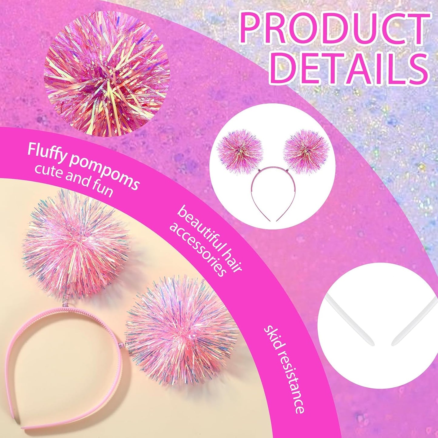 DIVINA VITAE Foil Strips Glitter Tinsel Headband White Hair Accessories for Women, Fluffy Pom Ball
