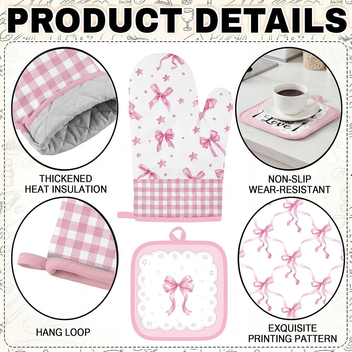 10 Pcs Pink Kitchen Decor and Accessories Set, Cute Pink Bow Coquette Theme Kitchen Towels Rugs Oven Mitts and Pot Holders, Ribbon Heart Decor Gift for Girls Mom Women