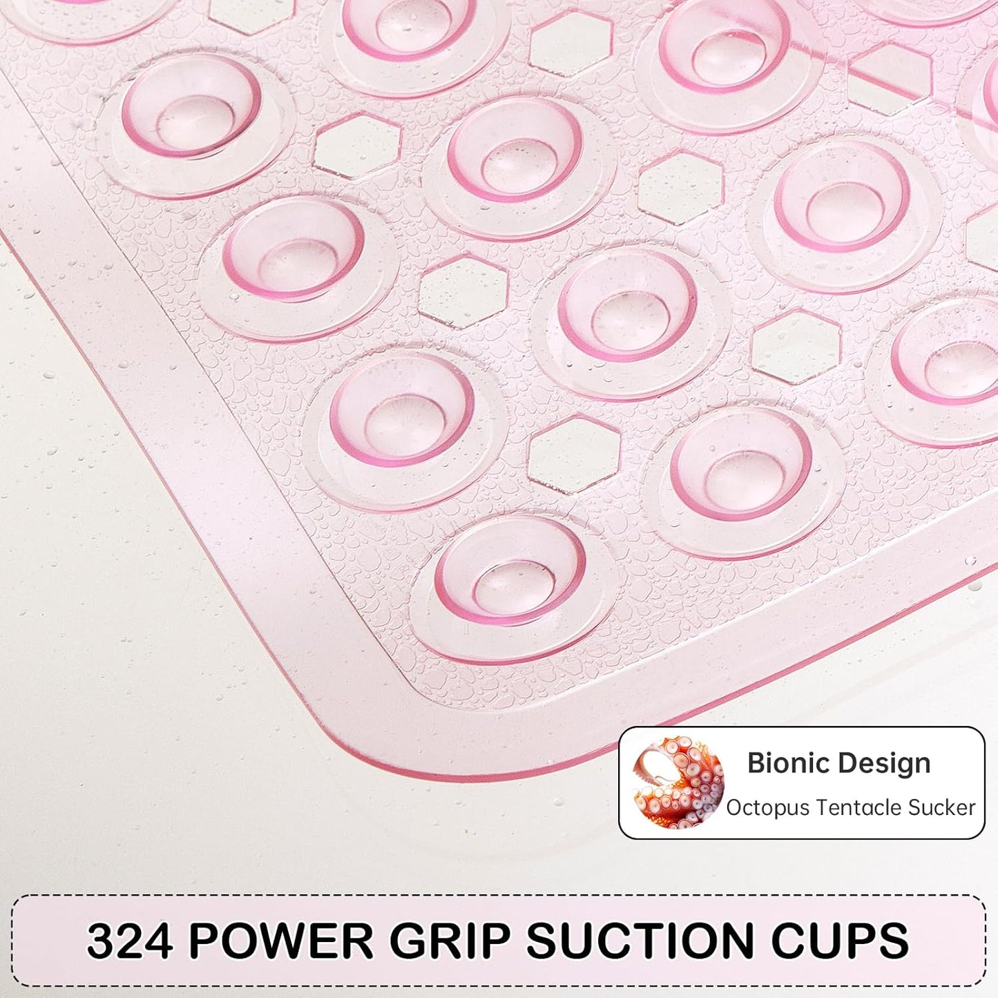 Non-Slip Bathtub and Shower Mats, Power Grip Bath Mat 35 x 16.3 Inch with Suction Cups and Drain Holes for Tub Bathroom Floor Safety, Machine Washable Soft Bathmat, Clear Pink