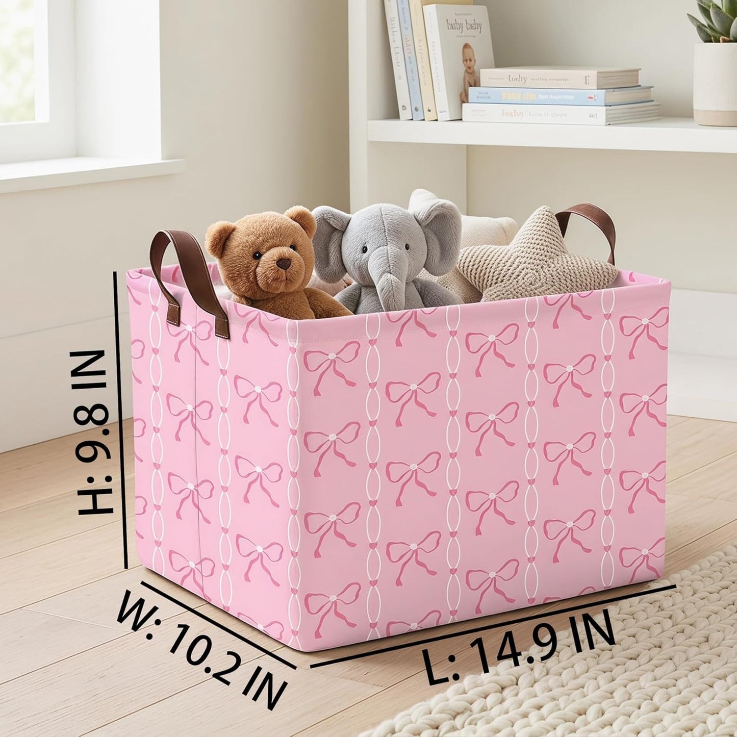 MYFLCOY Cute Baby Girl Bow Basket Kids Gift Storage Bin Large Toy Box with Handles Room Decor (Pink)