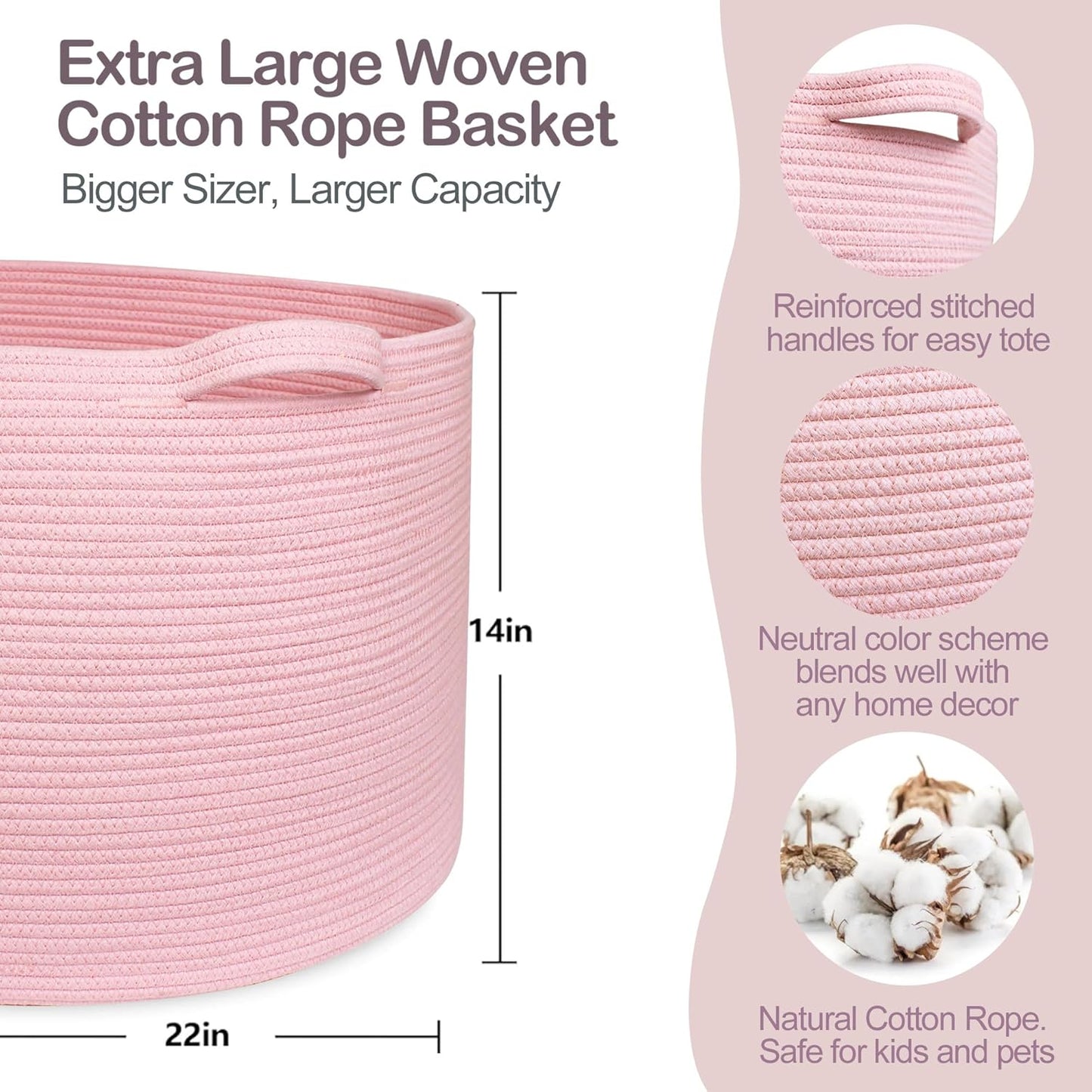 MEGASKET Extra Large Pink Basket, 22"x22"x14" Woven Cotton Rope Bin with Handles, Blanket Storage for Living Room, Baby Kids Toy Storage Bin Box, Wicker Laundry Basket, Pink Room Decor Organizing
