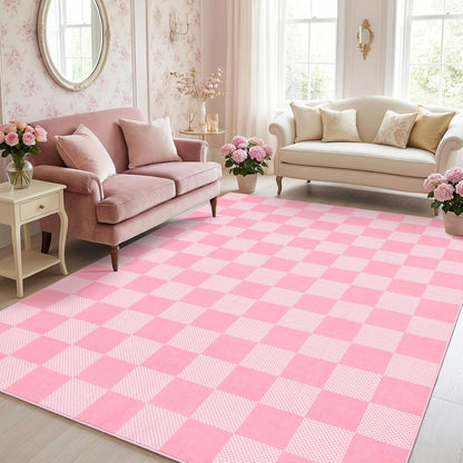 GarveeHome Checkered Blush Pink and White 2x3 Washbale Rug Door Mat Geometric Diamond Dot Modern Soft Low-Pile Girls Small Rug for Bedroom Entryway Bathroom Kitchen Non-Slip TPE Backing