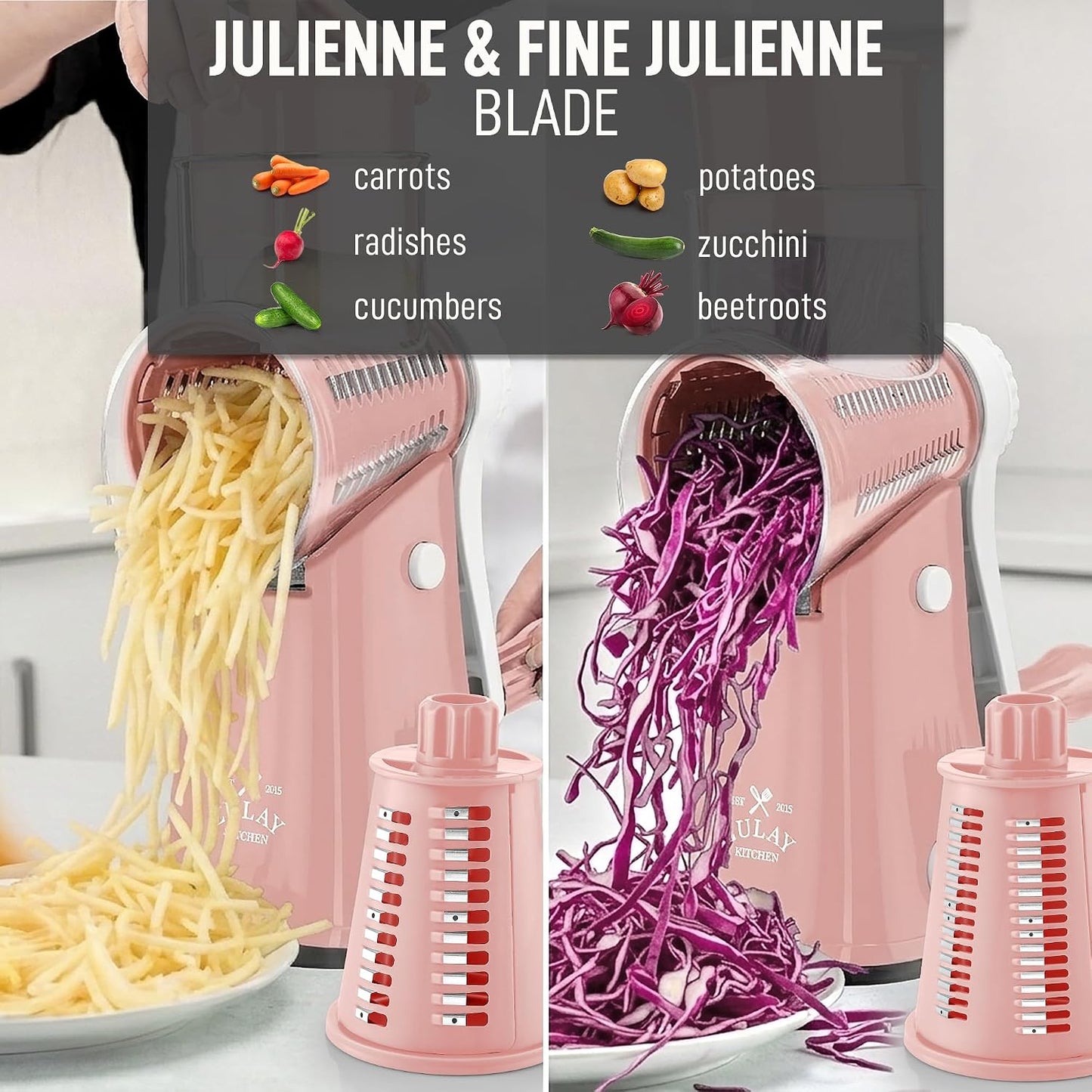 Zulay Kitchen Rotary Cheese Grater 5 Blade Cheese Shredder - Manual Hand Crank Cheese Grater With Reinforced Suction & 5 Interchangeable Drums - Easy to Use, Vegetable Chopper Round Mandoline Slicer