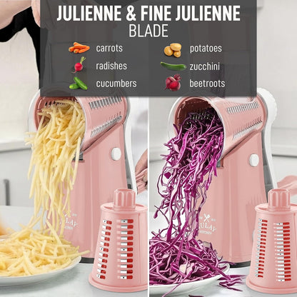 Zulay Kitchen Rotary Cheese Grater 5 Blade Cheese Shredder - Manual Hand Crank Cheese Grater With Reinforced Suction & 5 Interchangeable Drums - Easy to Use, Vegetable Chopper Round Mandoline Slicer