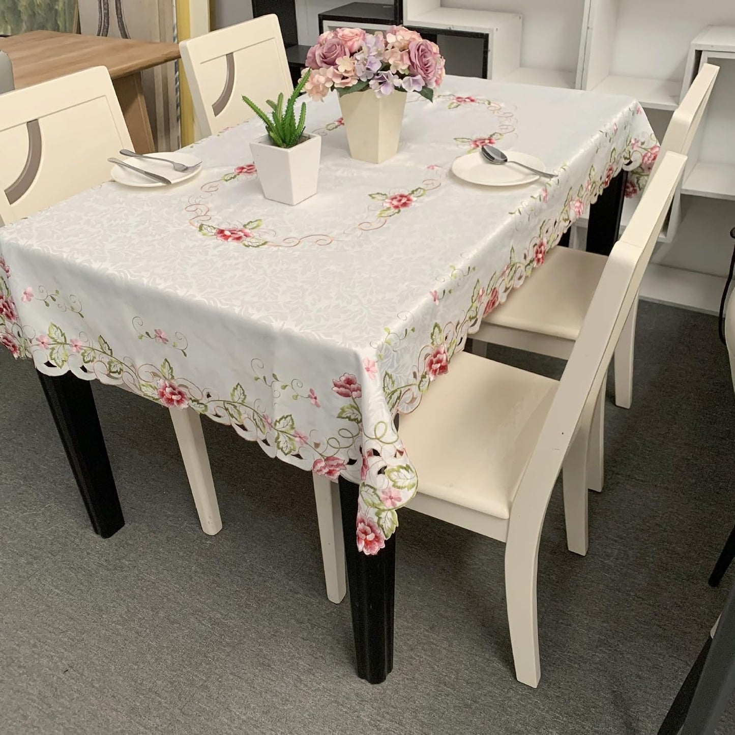 Rectangle Tablecloth 43 x 63 Inch Pink Flower Embroidered Lace Table Cloth Stain Resistant Washable Table Cover for Kitchen and Dining Room
