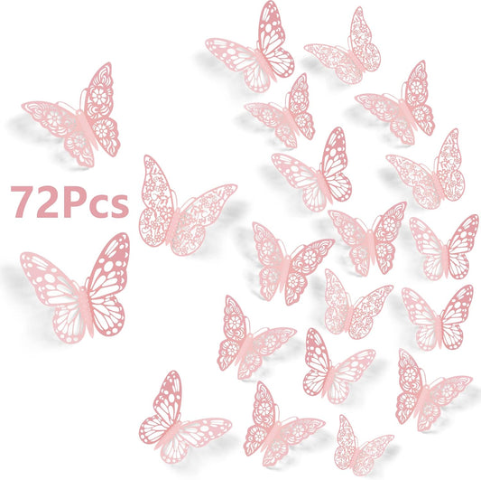 SAOROPEB 3D Wall Decor, 72 Pcs 3 Sizes 3 Styles, Pink Butterfly Decorations - Removable Stickers for Room Decor, Party Balloons, Cake Decoration, Flower Arrangements