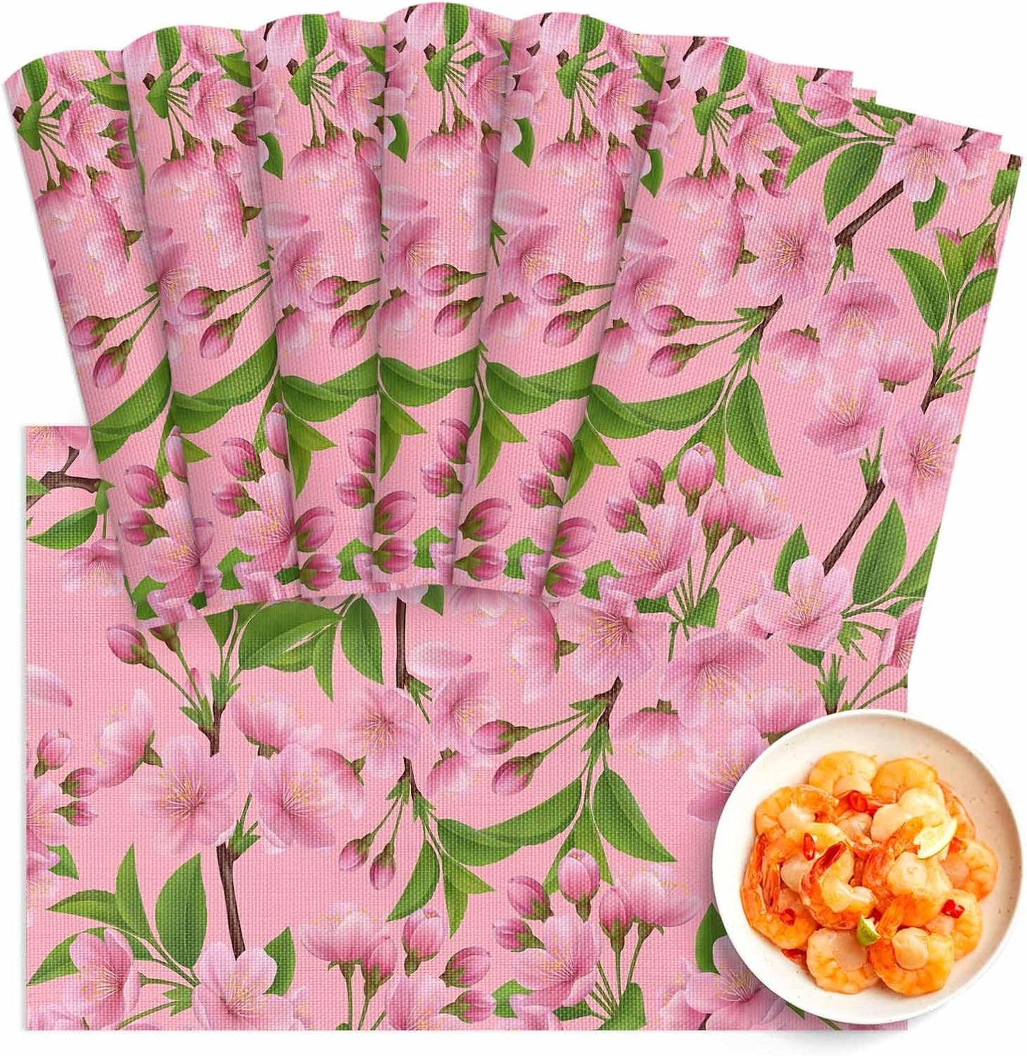 Pink Peach Flowers Placemats Set of 6, Washable PVC Kitchen Table Mats Place Mats, Spring Botanical Watercolor Floral Leaf Woven Vinyl Placemat for Dining Table, 13" x 19"
