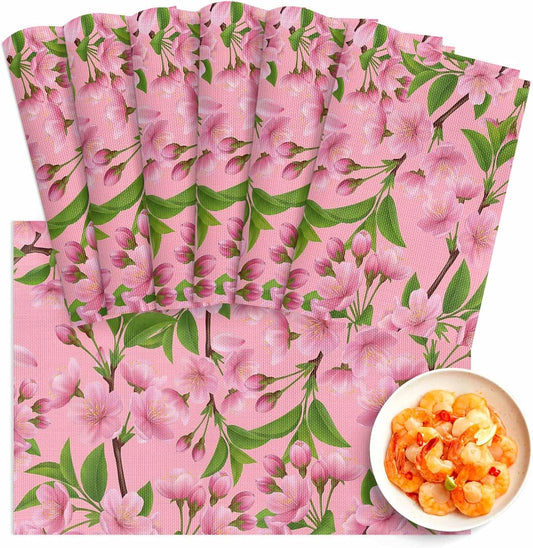 Pink Peach Flowers Placemats Set of 6, Washable PVC Kitchen Table Mats Place Mats, Spring Botanical Watercolor Floral Leaf Woven Vinyl Placemat for Dining Table, 13" x 19"