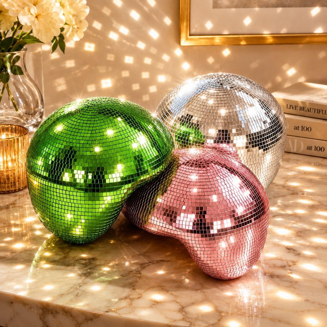 Handcrafted Melting Disco Ball Decor, Sparkling Mosaic Mirror Glass Hanging Ornament for Party, Birthday & Modern Home Decor(Pink)