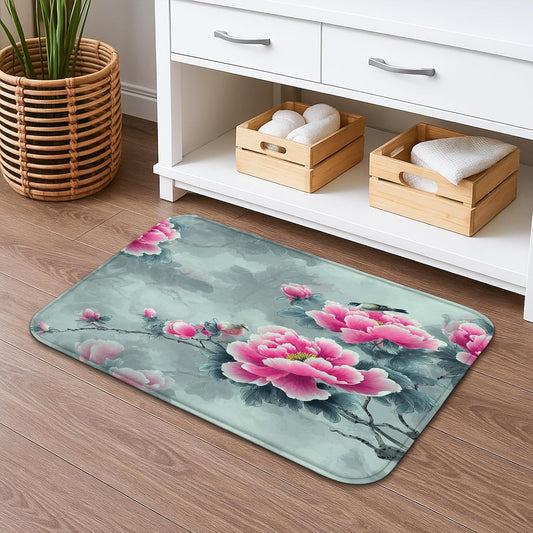 Floral Pattern Quick Dry Bath Mat, Vintage Peach Peony Decorative Absorbent Non Slip Shower Mat, Spring Memory Foam Washable Bath Rugs for Bathroom Toilet Restroom 20x32 Inch