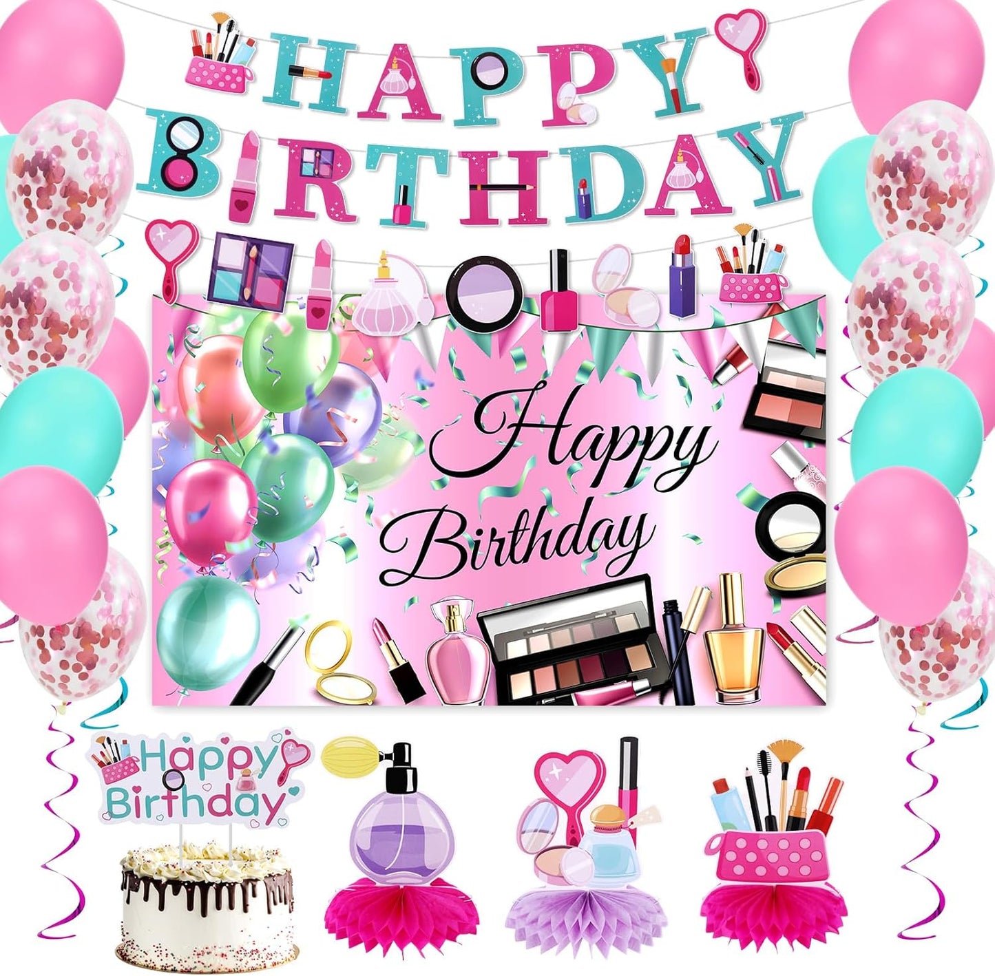47 Pcs Spa Party Decorations Spa Birthday Party Supplies SPA Balloon Banner Backdrop Cake Topper Hanging swirls Centerpieces Night Sleepover Makeup Pajamas Birthday Decorations (Light Pink)