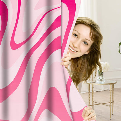 Pink Shower Curtain for Bathroom Cute Wavy Swirl 70S Abstract Retro Vintage Preppy Aesthetic Fabric Waterproof Bathroom Shower Curtains Set with Hooks 72x72 Inch