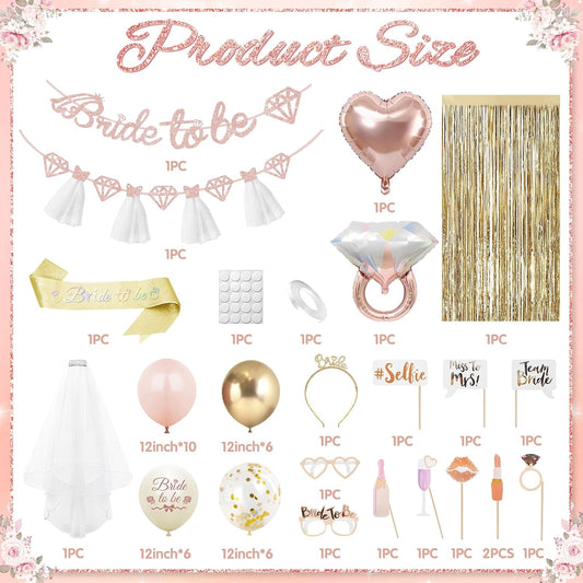 Bachelorette Party Decorations, Bride To Be Decorations, Bridal Shower Decorations with Bride to Be Banner, Bridal Sash, Fringe Curtain, Bride Glasses for Pink Bachelorette Party Decorations