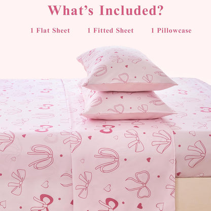 WINLIFE Pink Bow Kids Sheet Set Twin Size, 3 Pcs Girls Pink Bowknot Heart Dots Printed Bed Sheets, Soft Microfiber Deep Pocket Kids Bedding
