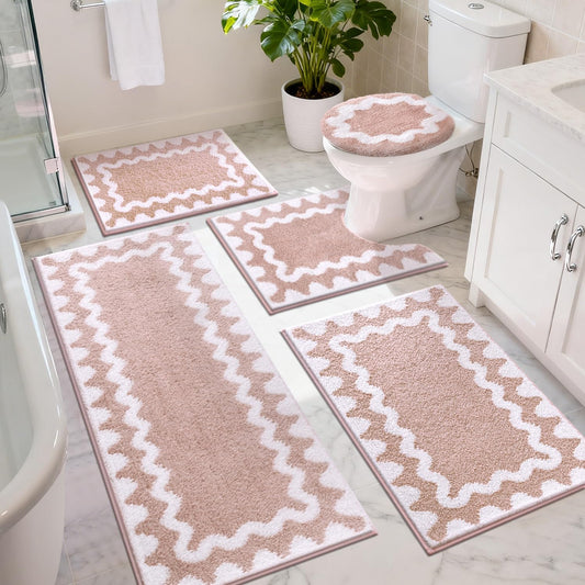 Findosom Bathroom Rugs Sets 5 Piece, Absorbent Soft Non-Slip Washable Microfiber Shaggy Bath Mat Set with Bathroom Runner Rug, U-Shaped Toilet Rugs, Shower Rug & Toilet Lid Cover, Pink-White