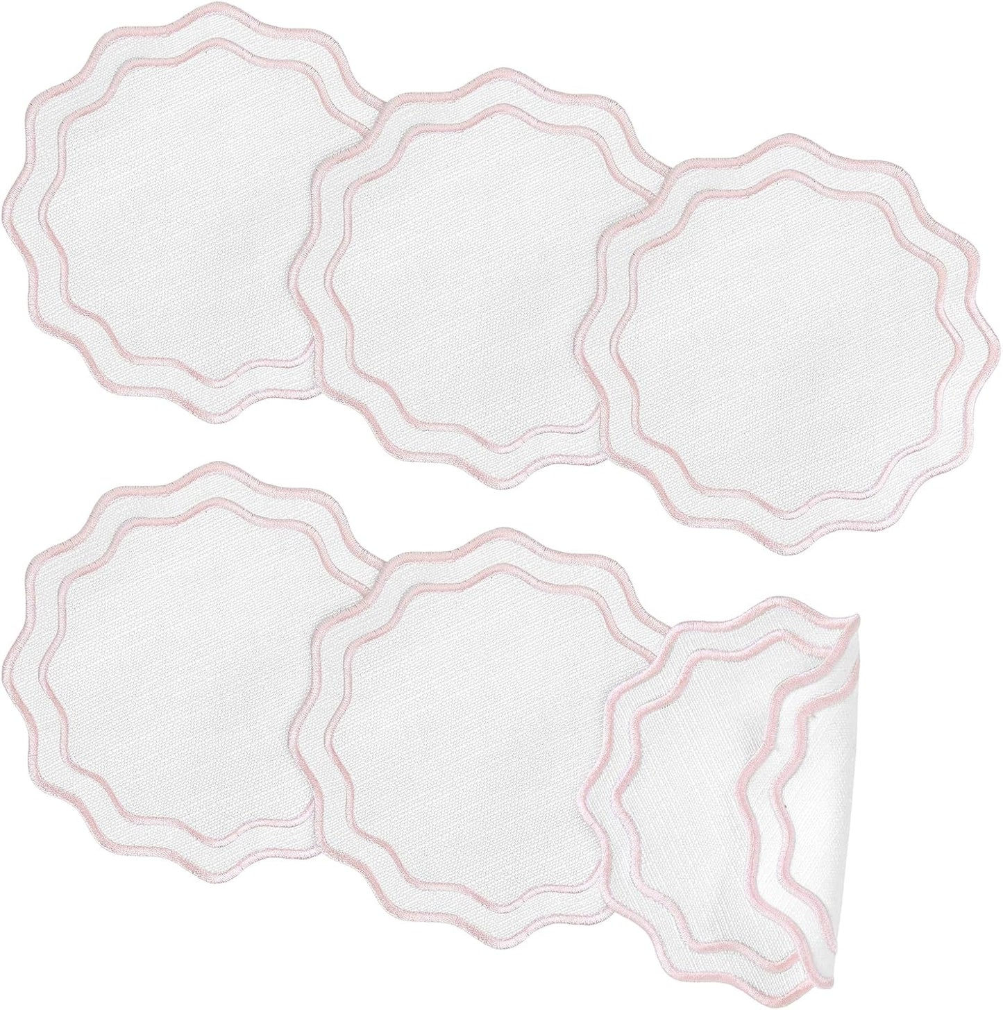Set of 6 Pink Cotton Linen Coasters 5.5 Inch Embroidery Scalloped Coasters Floral Drink Mats for Table Decor Washable Fabric Cup Mats for Wedding Tea Party Festival Spring Holiday Entertaining
