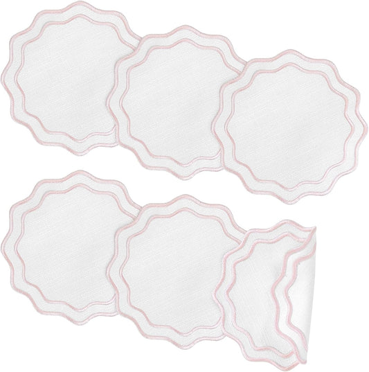 Set of 6 Pink Cotton Linen Coasters 5.5 Inch Embroidery Scalloped Coasters Floral Drink Mats for Table Decor Washable Fabric Cup Mats for Wedding Tea Party Festival Spring Holiday Entertaining
