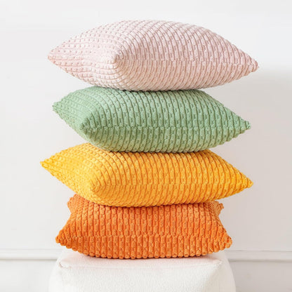 OTOSTAR Set of 4 Soft Corduroy Decorative Throw Pillow Covers 18x18 Square Striped Boho Pillow Cases for Sofa Couch Bedroom Living Room Home Decor Cushion Cover, Sage Green/Light Pink/Yellow/Orange