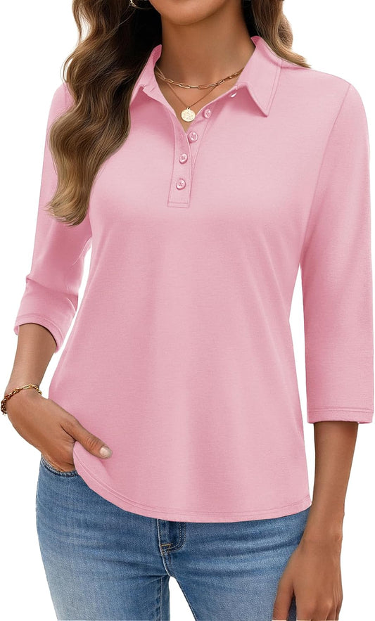 YUCOLEN Polo Shirts for Women 3/4 Sleeve Tops Golf Tees 5-Button Collared Cotton Shirt Business Casual