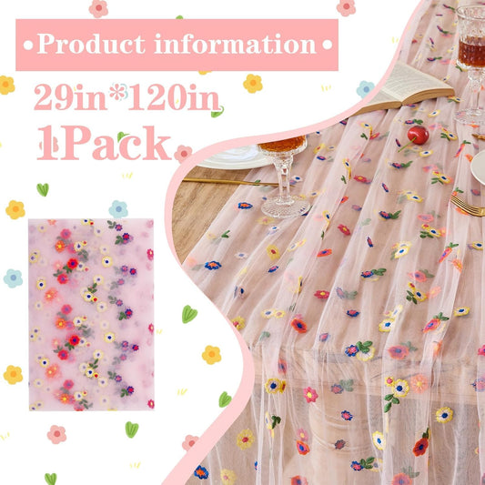 Pink Floral Table Runner 10 FT, Embroidery Daisy Table Runners Seasonal Spring Summer Sheer Tulle Dining Table Decor for Home Party Birthday Decor 29x120 Inch