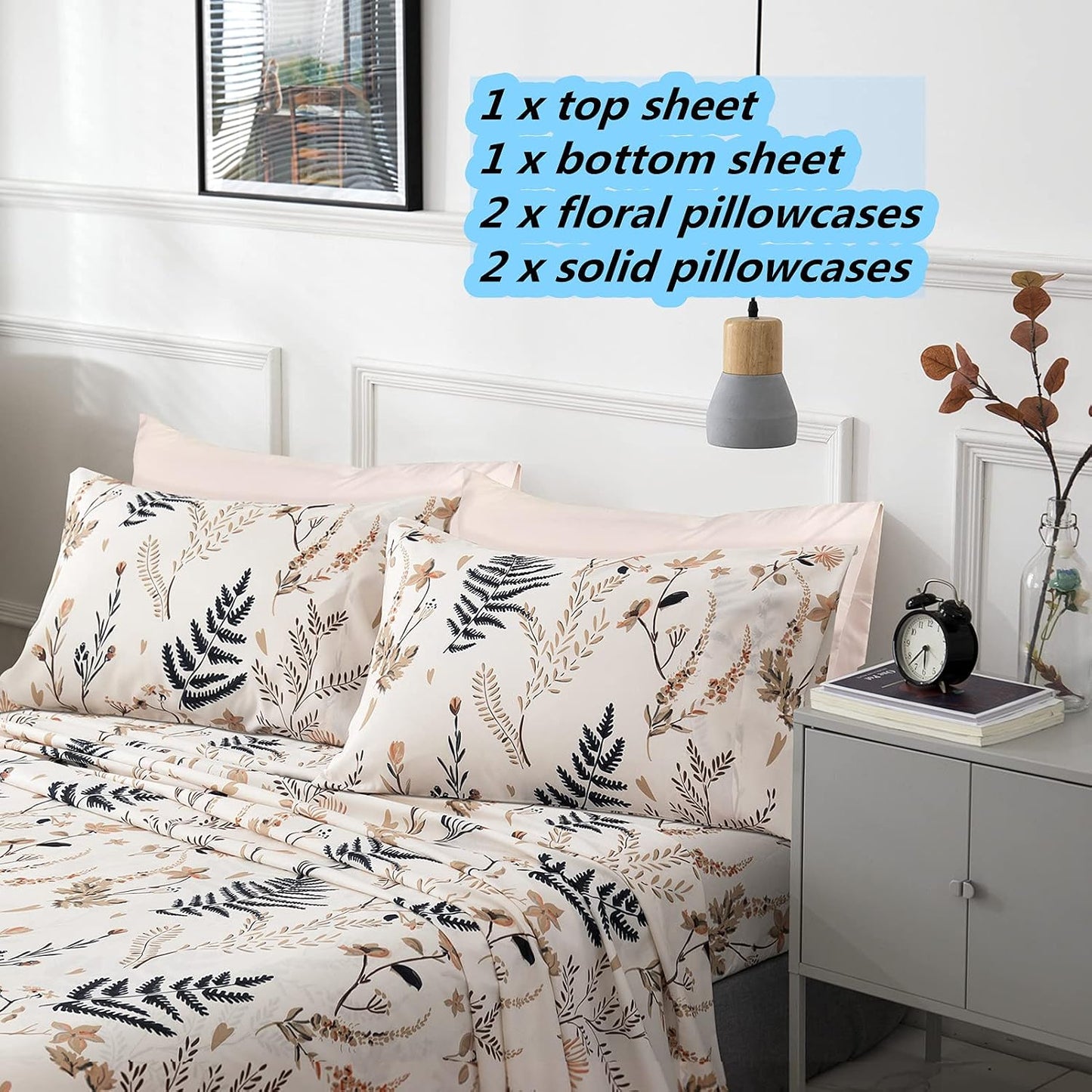 JSD Boho Floral Print Sheet Set Queen 6 Piece, Soft Blush Botanical Pattern Microfiber Bed Sheets Extra Deep Pocket