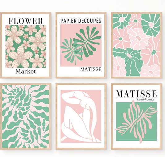 Pastel Danish Room Decor Aesthetic Posters Pink and Green Matisse Wall Art Prints for Bedroom Wall Decor, Flower Market Cute Poster Set of 6 for Teen Girls College Dorm Room Decor UNFRAMED, 8x10