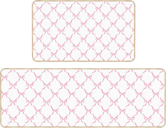 Coquette Bow Kitchen Mat Set of 2 Pink Bow Kitchen Rugs Coquette Room Decor Door Mat Pink Bow Decorations for Home Kitchen