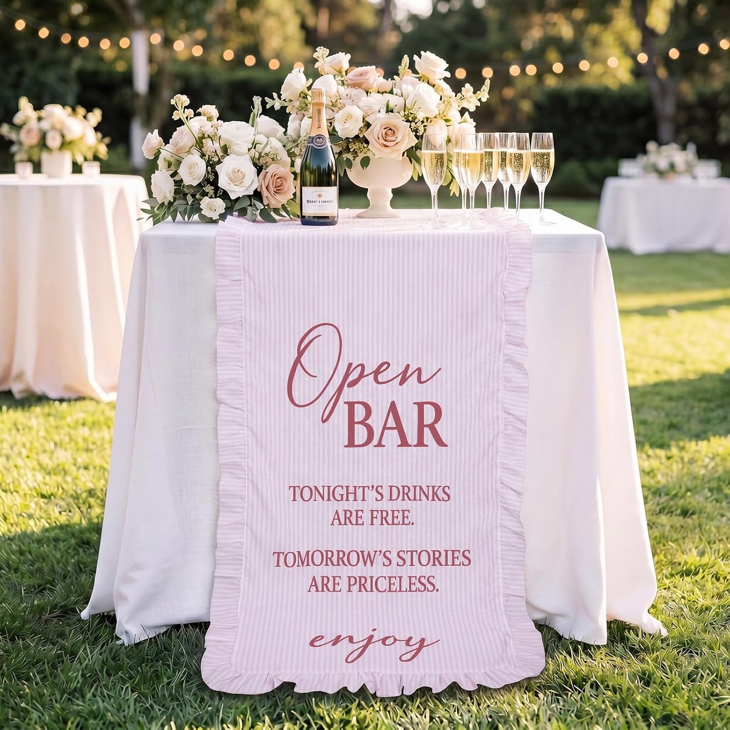 Fanfanwin Fabric Wedding Bar Sign with Ruffle Wedding Open Bar Table Decorations 24" x 51" Ruffle Table Runner for Bridal Shower Ceremony Engagement Reception Outdoor Decor(Pink)